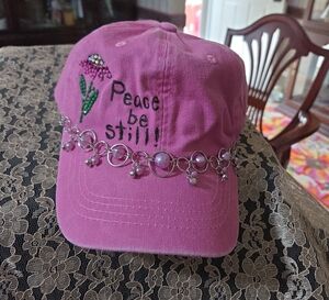 Pink Embroidered Cap with Beaded Chain